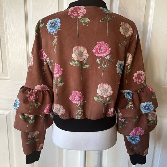 🎄Jealous Tomato Faux Suede Floral Print Crop Bomber Jacket - Picture 7 of 15